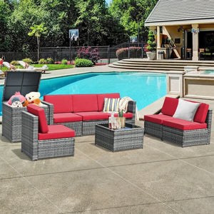 8 Piece Wicker Sofa Rattan Dinning Set Patio Furniture with Storage Table-Red view 7