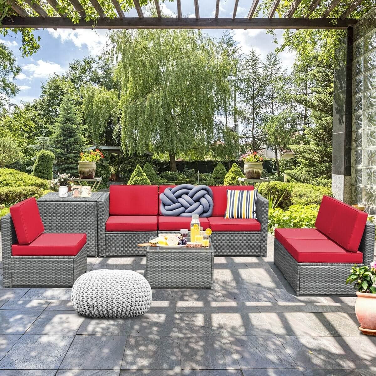 8 Piece Wicker Sofa Rattan Dinning Set Patio Furniture with Storage Table-Red view 8