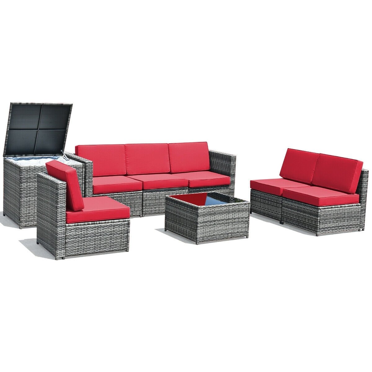 8 Piece Wicker Sofa Rattan Dinning Set Patio Furniture with Storage Table-Red view 9