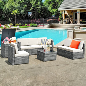 8 Piece Wicker Sofa Rattan Dinning Set Patio Furniture with Storage Table-White view 2