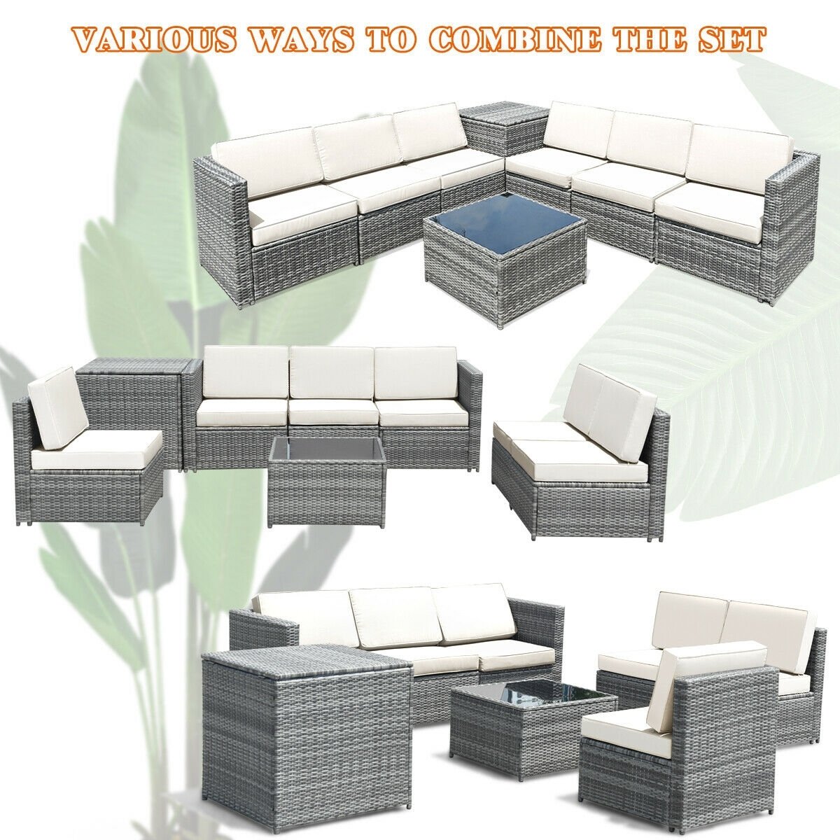 8 Piece Wicker Sofa Rattan Dinning Set Patio Furniture with Storage Table-White view 3