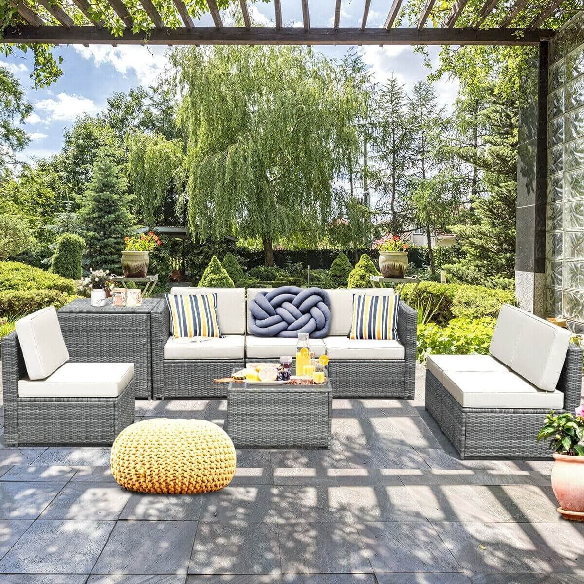 8 Piece Wicker Sofa Rattan Dinning Set Patio Furniture with Storage Table-White view 6