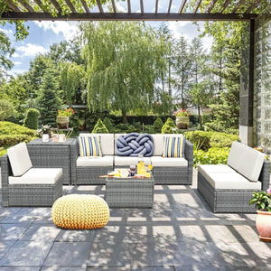8 Piece Wicker Sofa Rattan Dinning Set Patio Furniture with Storage Table-White view 6