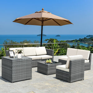 8 Piece Wicker Sofa Rattan Dinning Set Patio Furniture with Storage Table-White view 7