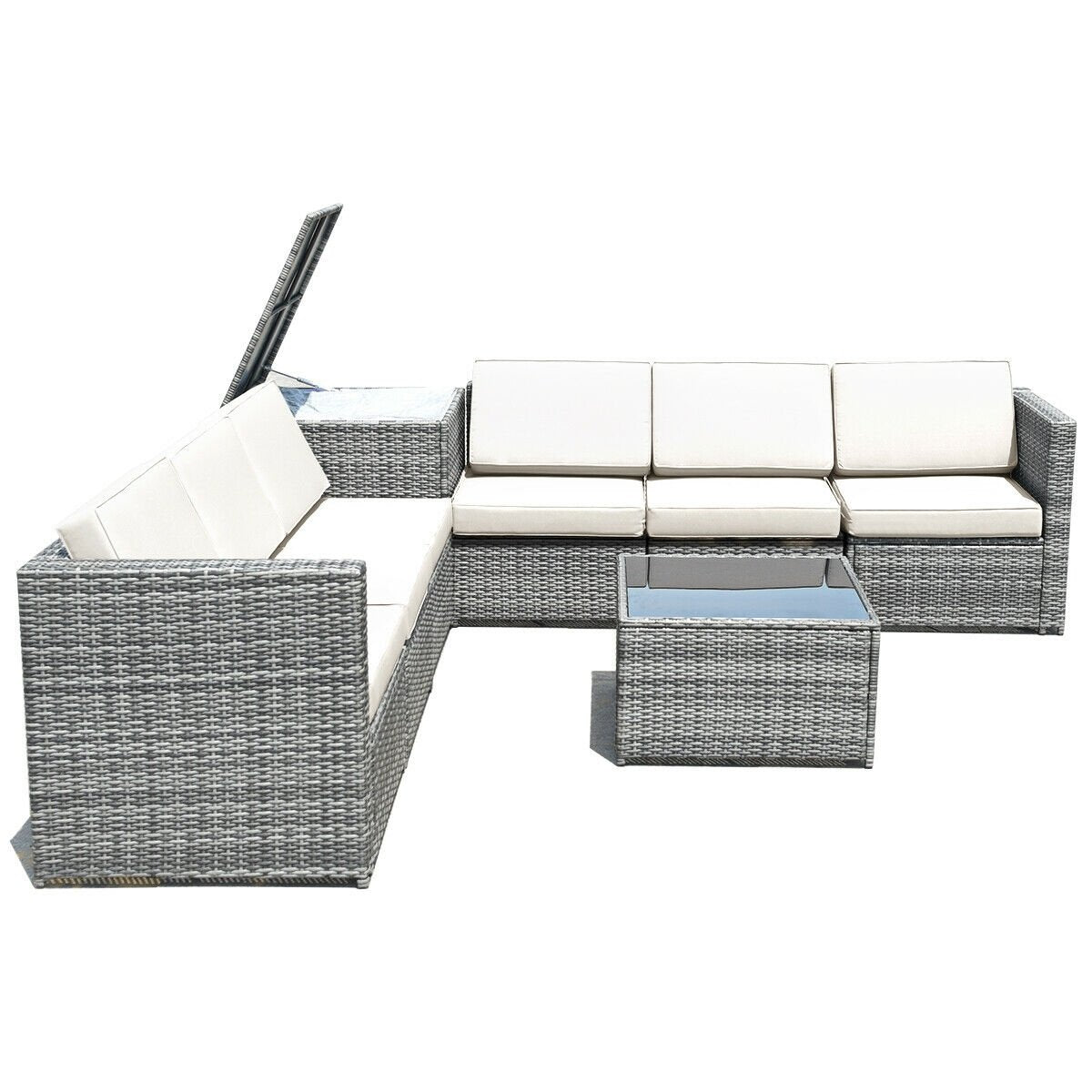 8 Piece Wicker Sofa Rattan Dinning Set Patio Furniture with Storage Table-White view 8