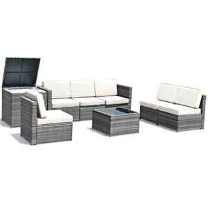 8 Piece Wicker Sofa Rattan Dinning Set Patio Furniture with Storage Table-White view 9