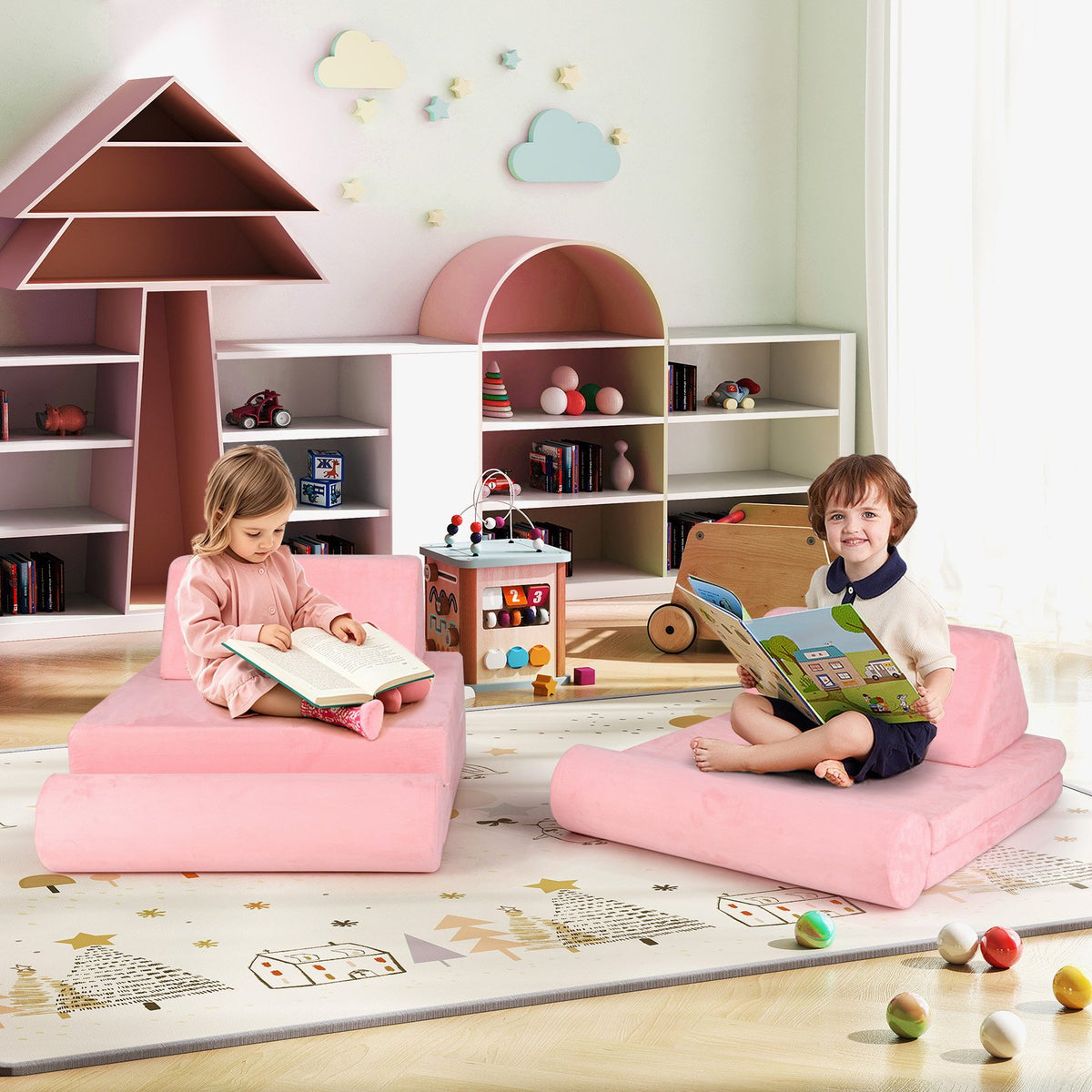 8 Pieces Kids Play Couch Foam Building Fort Play Set with Suede Cover-Pink view 2