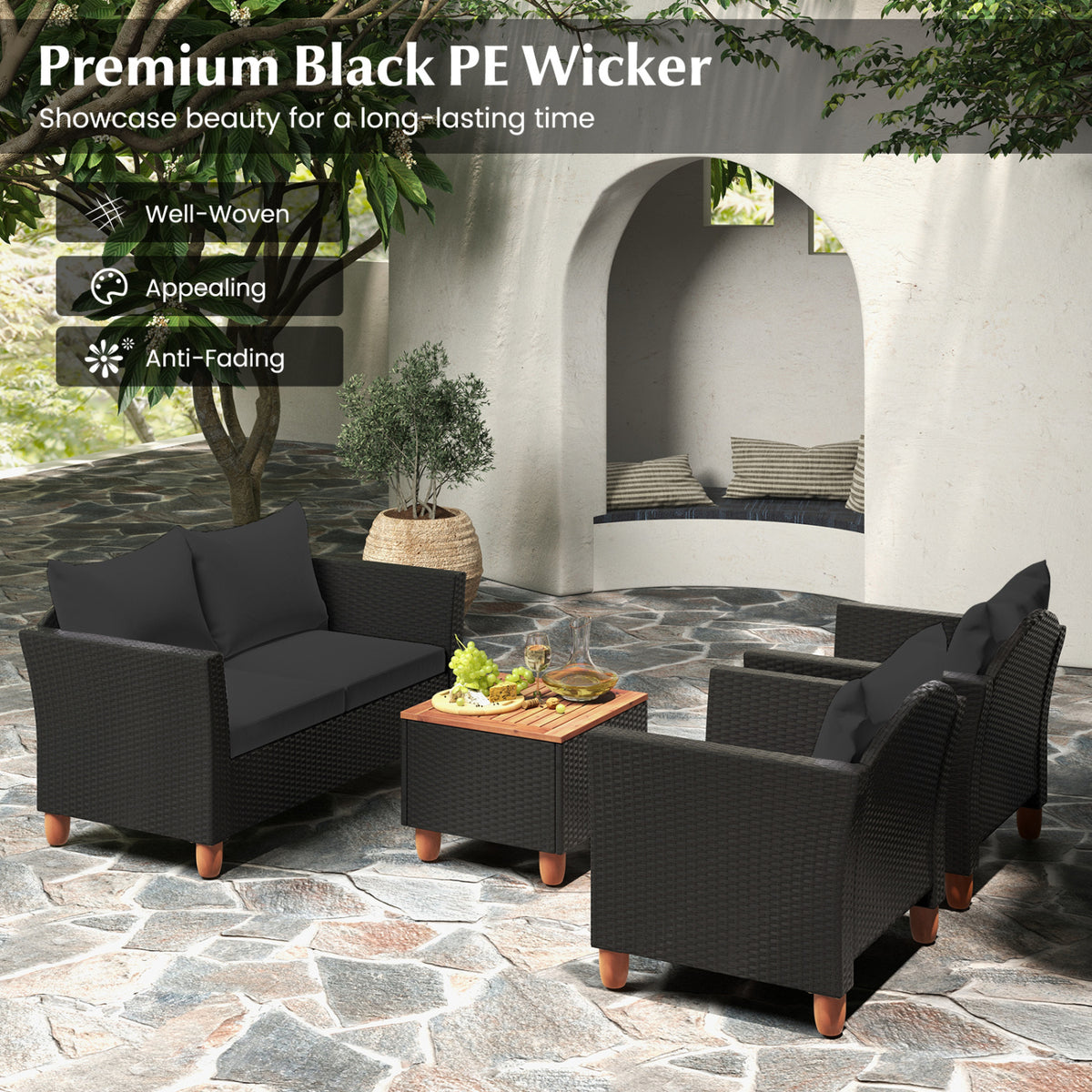 8 Pieces Outdoor Conversation Set with Storage Coffee Table-Black view 7
