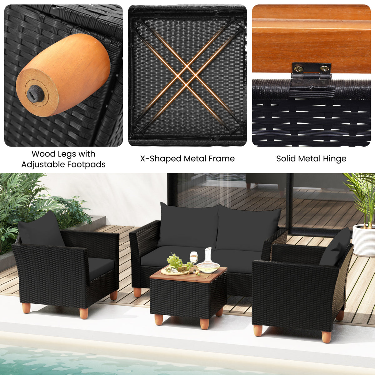 8 Pieces Outdoor Conversation Set with Storage Coffee Table-Black view 8