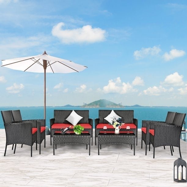 8 Pieces Patio Cushioned Rattan Furniture Set-Red view 2