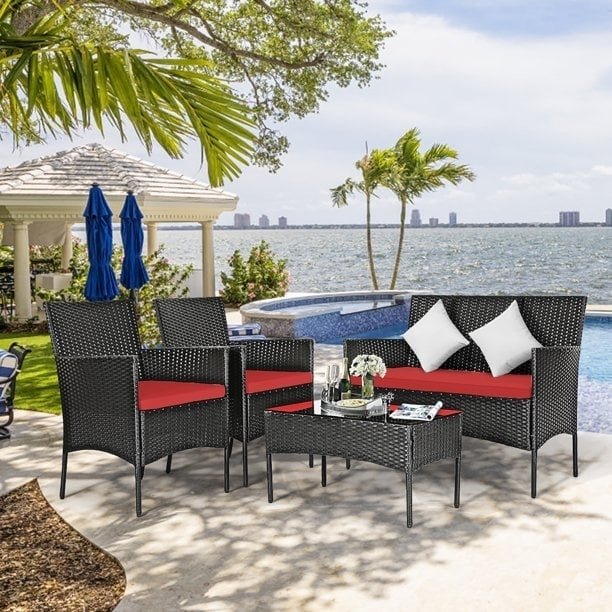 8 Pieces Patio Cushioned Rattan Furniture Set-Red view 6