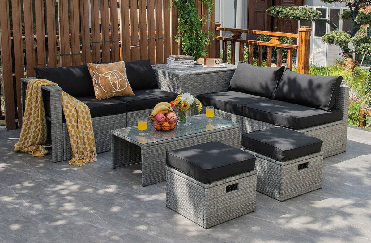 8 Pieces Patio Rattan Furniture Set with Storage Waterproof Cover and Cushion-Black view 2