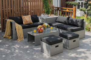 8 Pieces Patio Rattan Furniture Set with Storage Waterproof Cover and Cushion-Black view 2