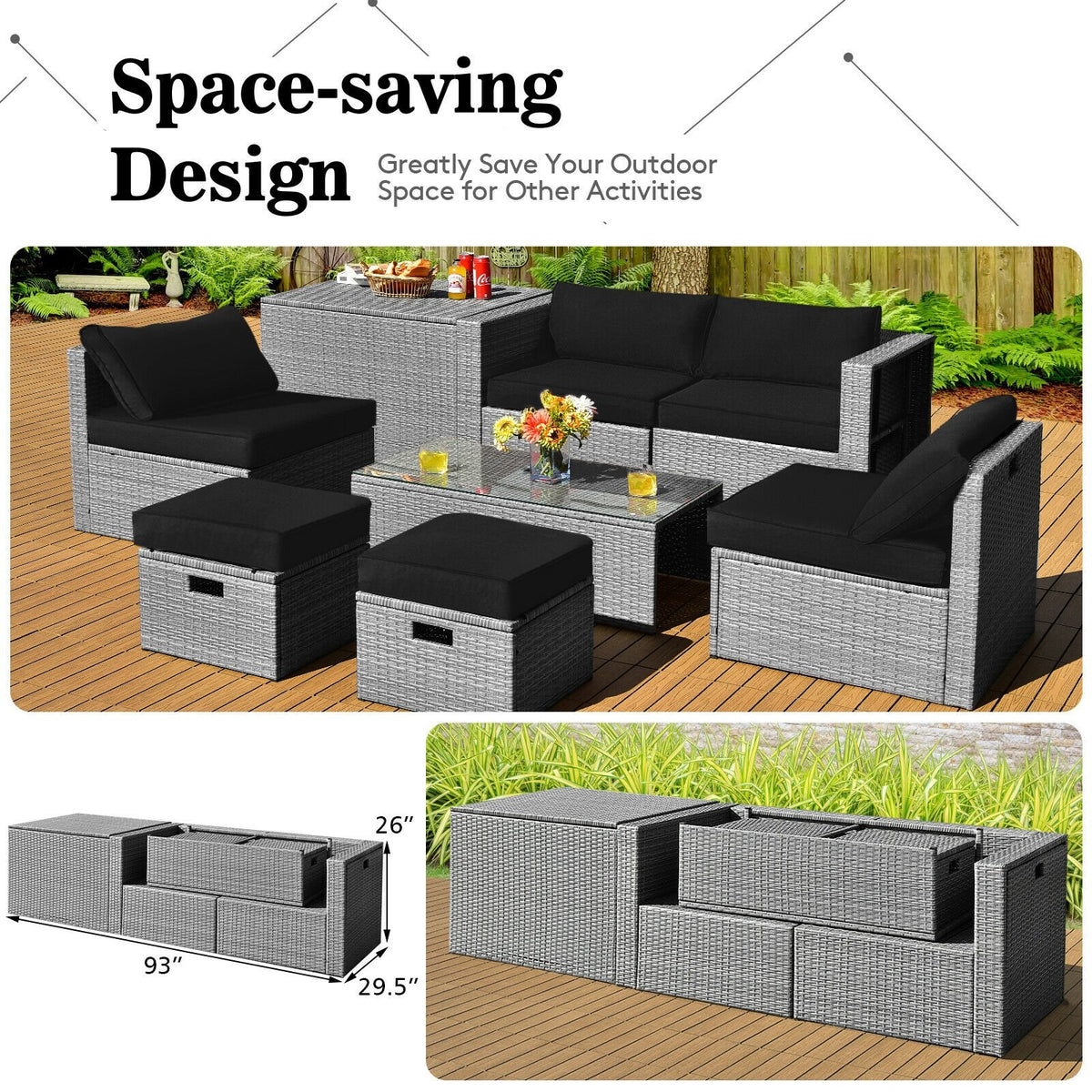8 Pieces Patio Rattan Furniture Set with Storage Waterproof Cover and Cushion-Black view 3