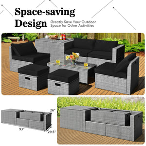 8 Pieces Patio Rattan Furniture Set with Storage Waterproof Cover and Cushion-Black view 3