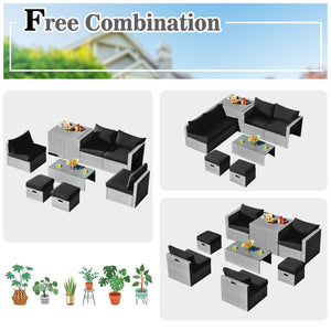 8 Pieces Patio Rattan Furniture Set with Storage Waterproof Cover and Cushion-Black view 5
