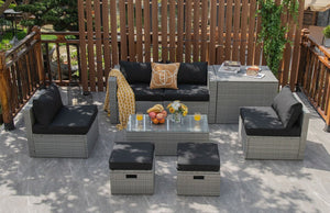 8 Pieces Patio Rattan Furniture Set with Storage Waterproof Cover and Cushion-Black view 6