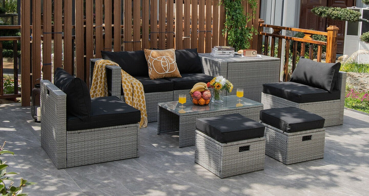 8 Pieces Patio Rattan Furniture Set with Storage Waterproof Cover and Cushion-Black view 7