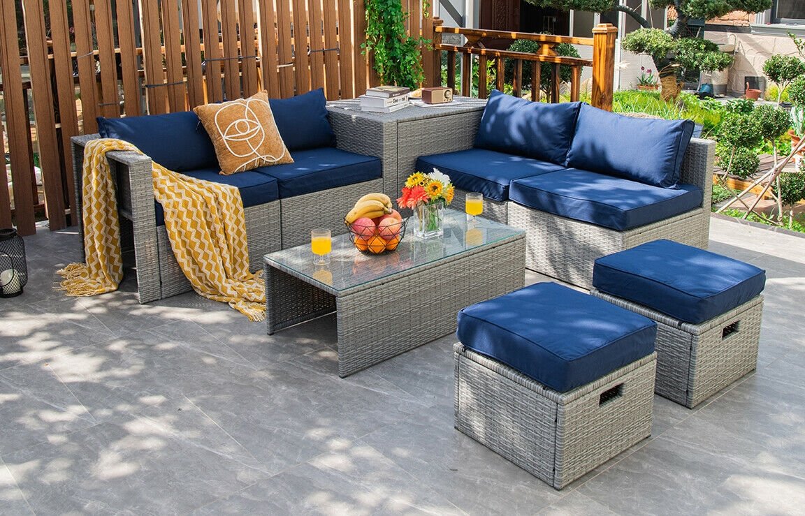 8 Pieces Patio Rattan Furniture Set with Storage Waterproof Cover and Cushion-Navy view 2