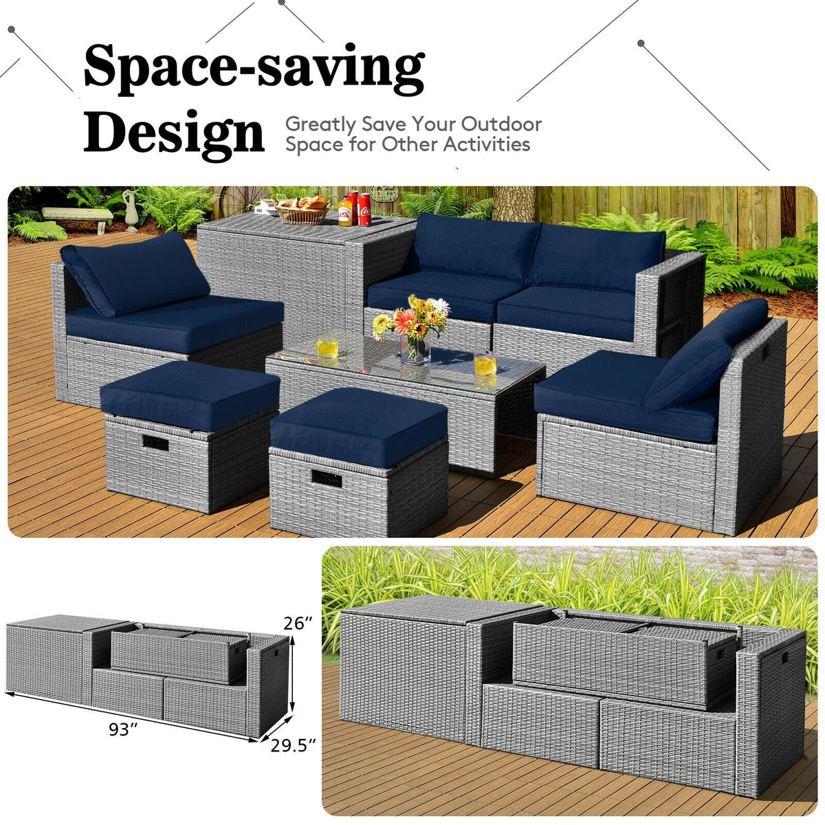8 Pieces Patio Rattan Furniture Set with Storage Waterproof Cover and Cushion-Navy view 3