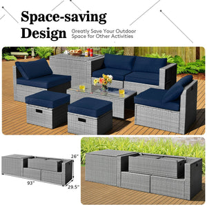 8 Pieces Patio Rattan Furniture Set with Storage Waterproof Cover and Cushion-Navy view 3