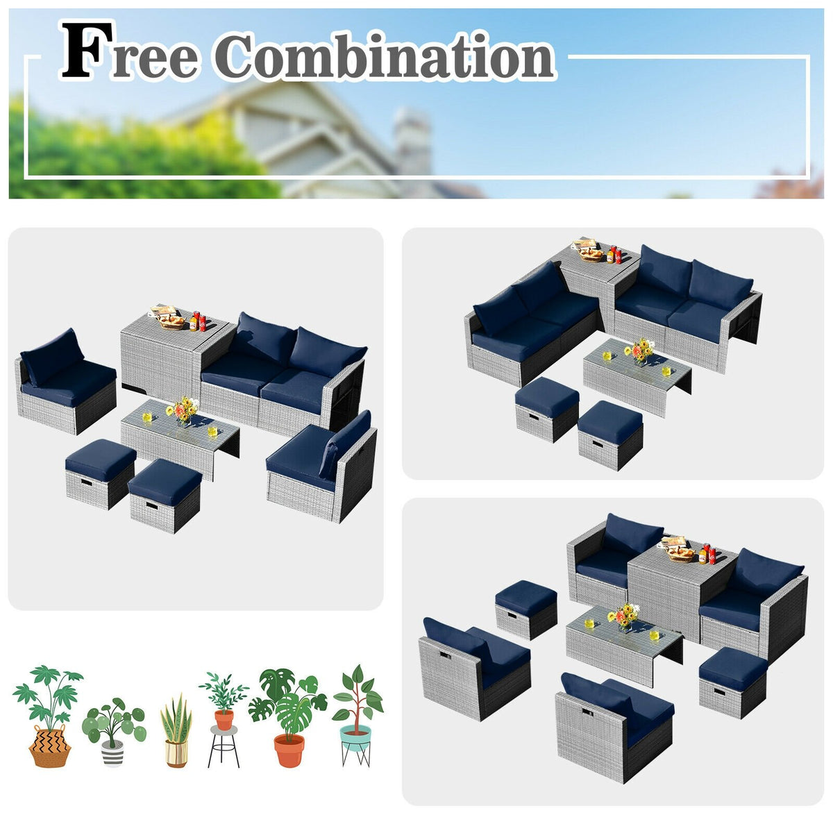 8 Pieces Patio Rattan Furniture Set with Storage Waterproof Cover and Cushion-Navy view 5