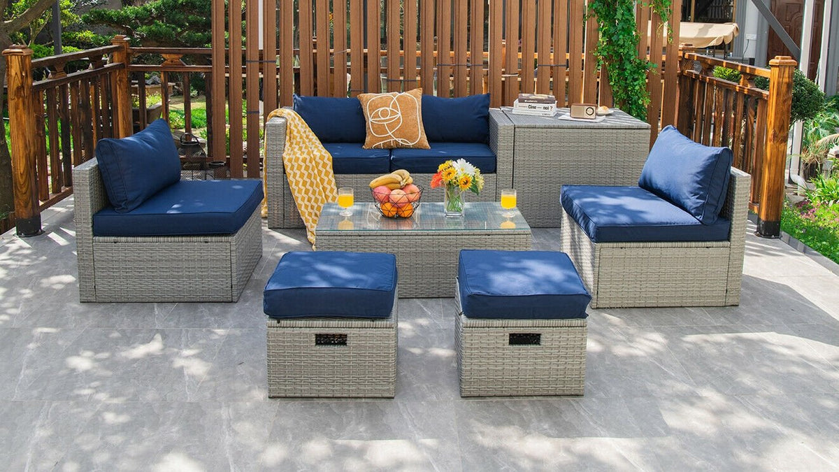 8 Pieces Patio Rattan Furniture Set with Storage Waterproof Cover and Cushion-Navy view 6