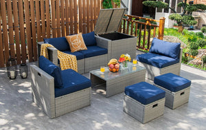 8 Pieces Patio Rattan Furniture Set with Storage Waterproof Cover and Cushion-Navy view 7