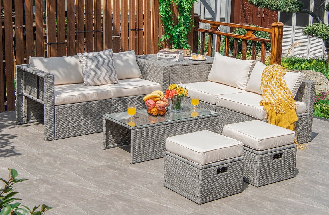 8 Pieces Patio Rattan Furniture Set with Storage Waterproof Cover and Cushion-Off White view 2