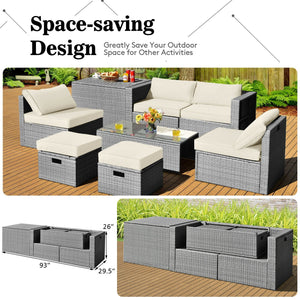 8 Pieces Patio Rattan Furniture Set with Storage Waterproof Cover and Cushion-Off White view 3