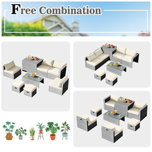 8 Pieces Patio Rattan Furniture Set with Storage Waterproof Cover and Cushion-Off White view 5