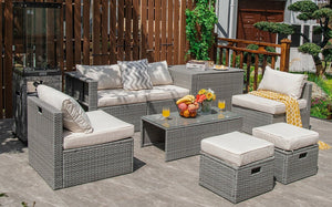 8 Pieces Patio Rattan Furniture Set with Storage Waterproof Cover and Cushion-Off White view 7