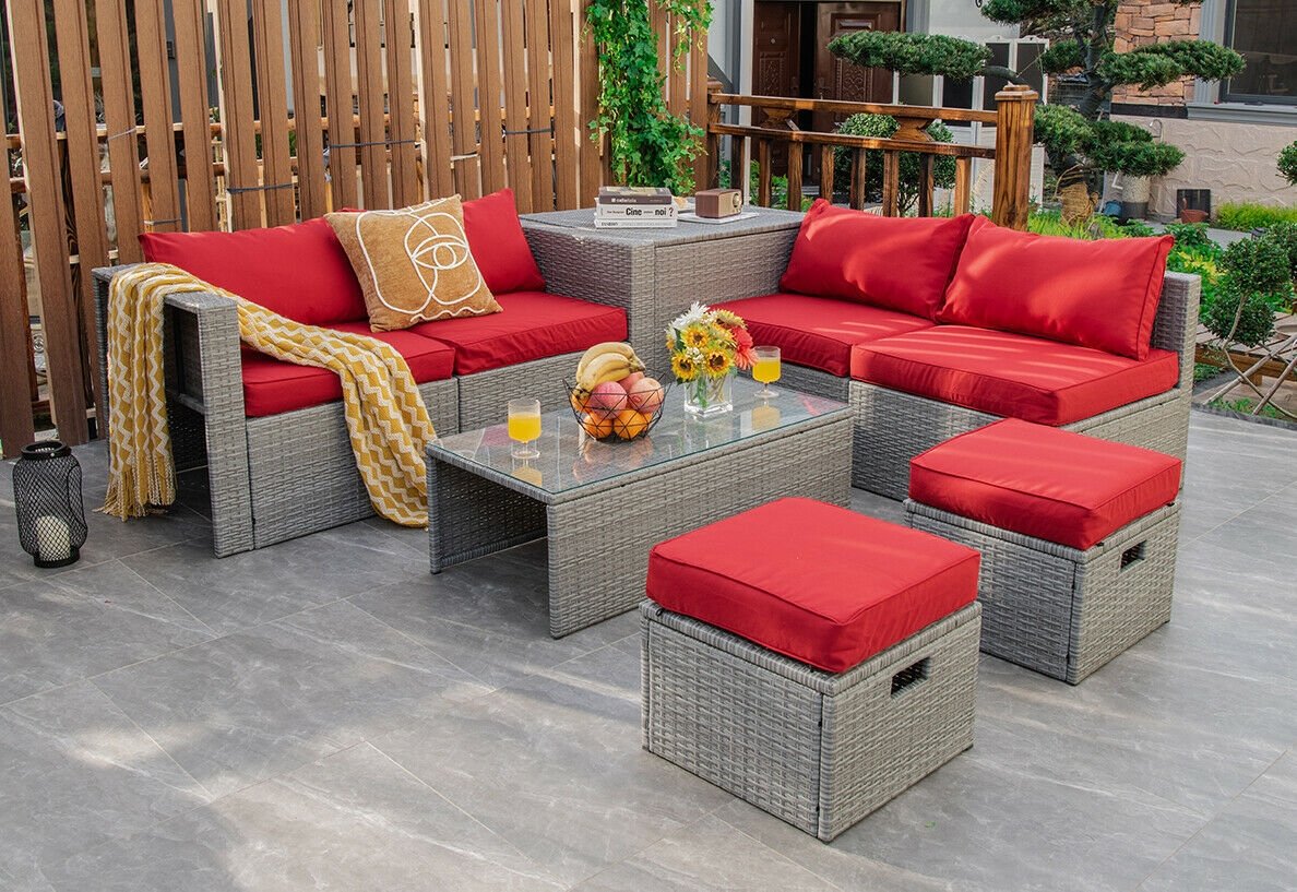 8 Pieces Patio Rattan Furniture Set with Storage Waterproof Cover and Cushion-Red view 2