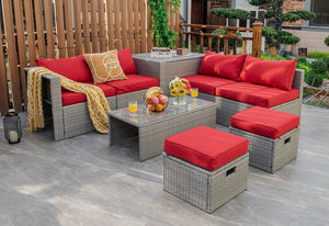 8 Pieces Patio Rattan Furniture Set with Storage Waterproof Cover and Cushion-Red view 2