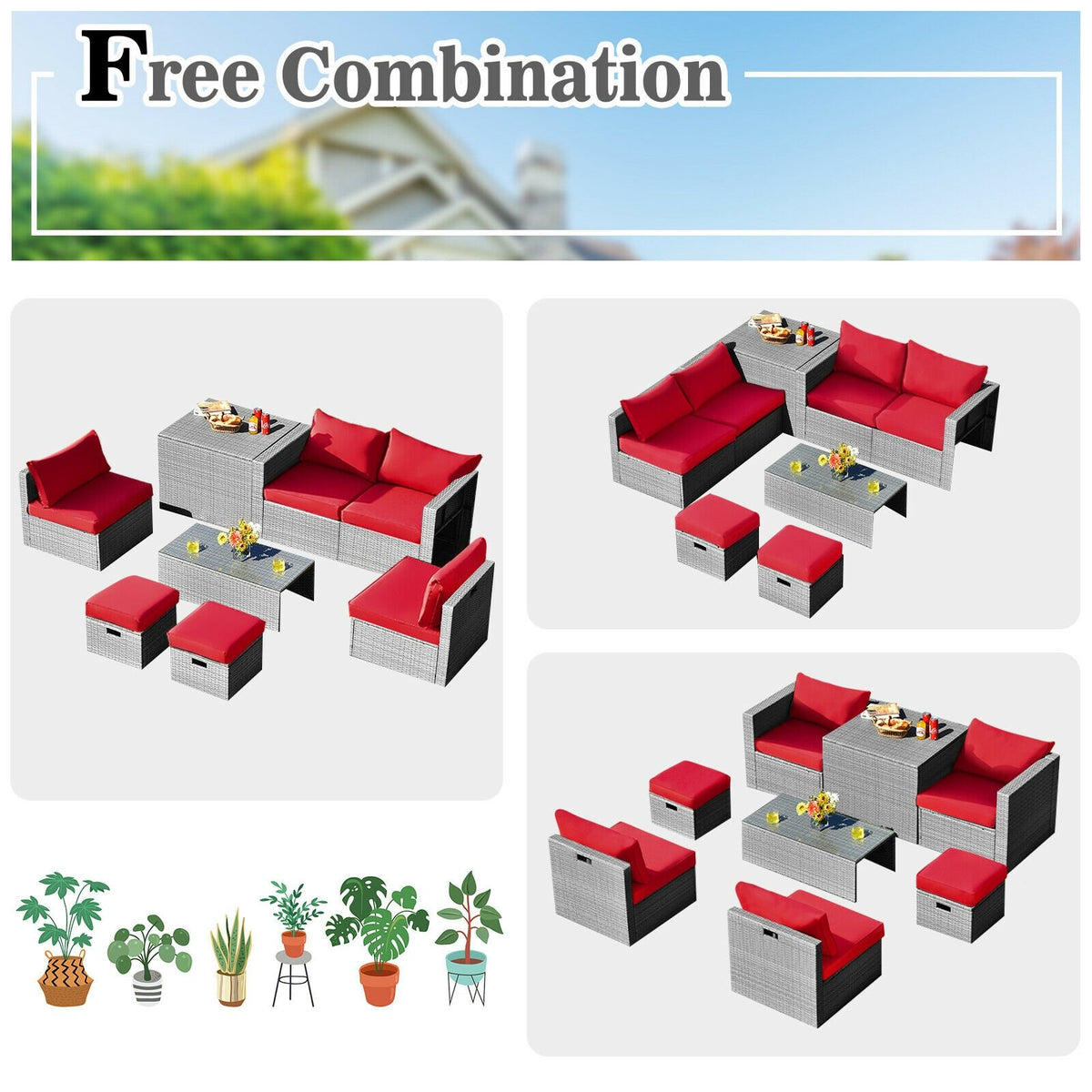 8 Pieces Patio Rattan Furniture Set with Storage Waterproof Cover and Cushion-Red view 3