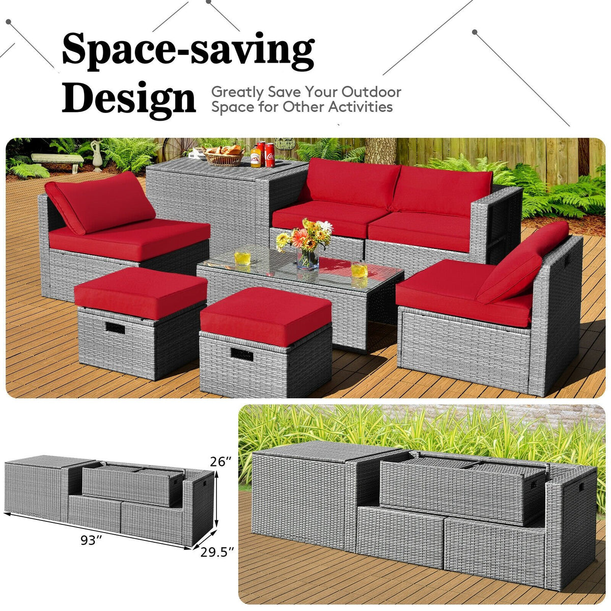 8 Pieces Patio Rattan Furniture Set with Storage Waterproof Cover and Cushion-Red view 5