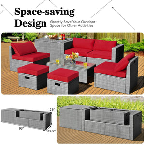 8 Pieces Patio Rattan Furniture Set with Storage Waterproof Cover and Cushion-Red view 5