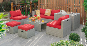 8 Pieces Patio Rattan Furniture Set with Storage Waterproof Cover and Cushion-Red view 6