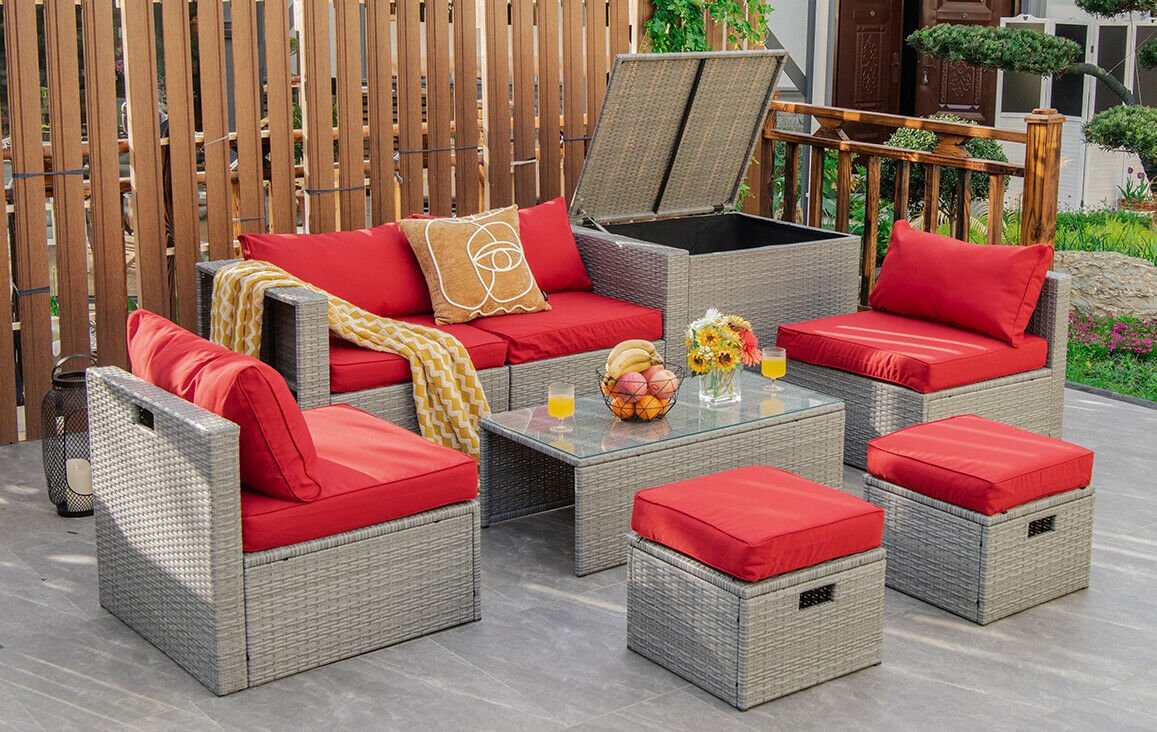 8 Pieces Patio Rattan Furniture Set with Storage Waterproof Cover and Cushion-Red view 7
