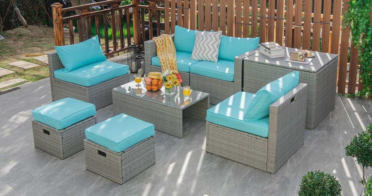 8 Pieces Patio Rattan Furniture Set with Storage Waterproof Cover and Cushion-Turquoise view 2