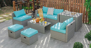 8 Pieces Patio Rattan Furniture Set with Storage Waterproof Cover and Cushion-Turquoise view 2