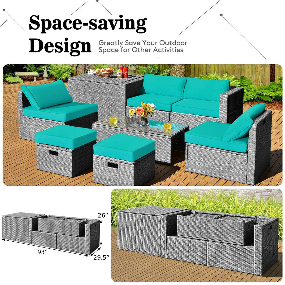 8 Pieces Patio Rattan Furniture Set with Storage Waterproof Cover and Cushion-Turquoise view 3