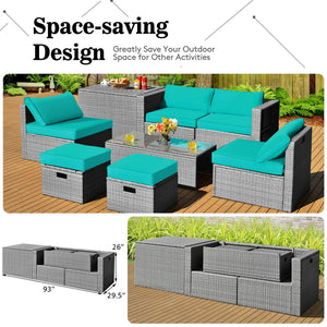 8 Pieces Patio Rattan Furniture Set with Storage Waterproof Cover and Cushion-Turquoise view 3
