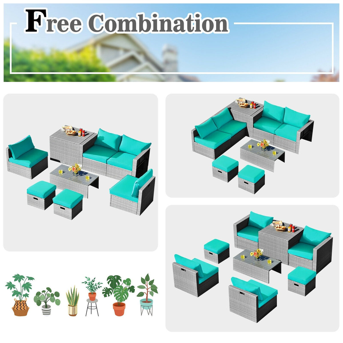8 Pieces Patio Rattan Furniture Set with Storage Waterproof Cover and Cushion-Turquoise view 5
