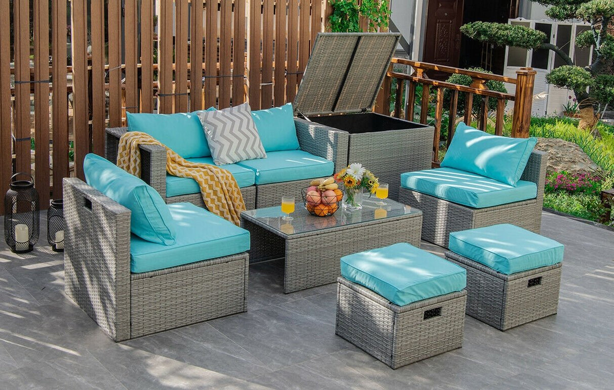 8 Pieces Patio Rattan Furniture Set with Storage Waterproof Cover and Cushion-Turquoise view 6