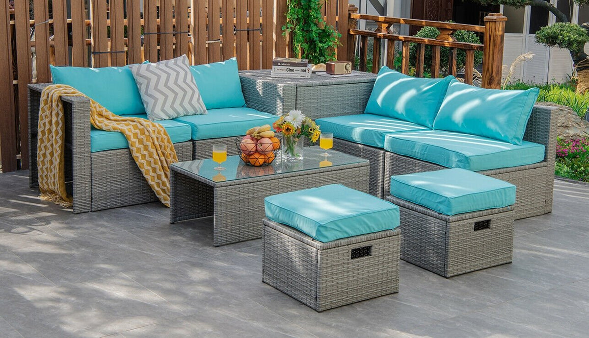 8 Pieces Patio Rattan Furniture Set with Storage Waterproof Cover and Cushion-Turquoise view 7