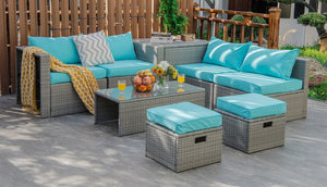8 Pieces Patio Rattan Furniture Set with Storage Waterproof Cover and Cushion-Turquoise view 7