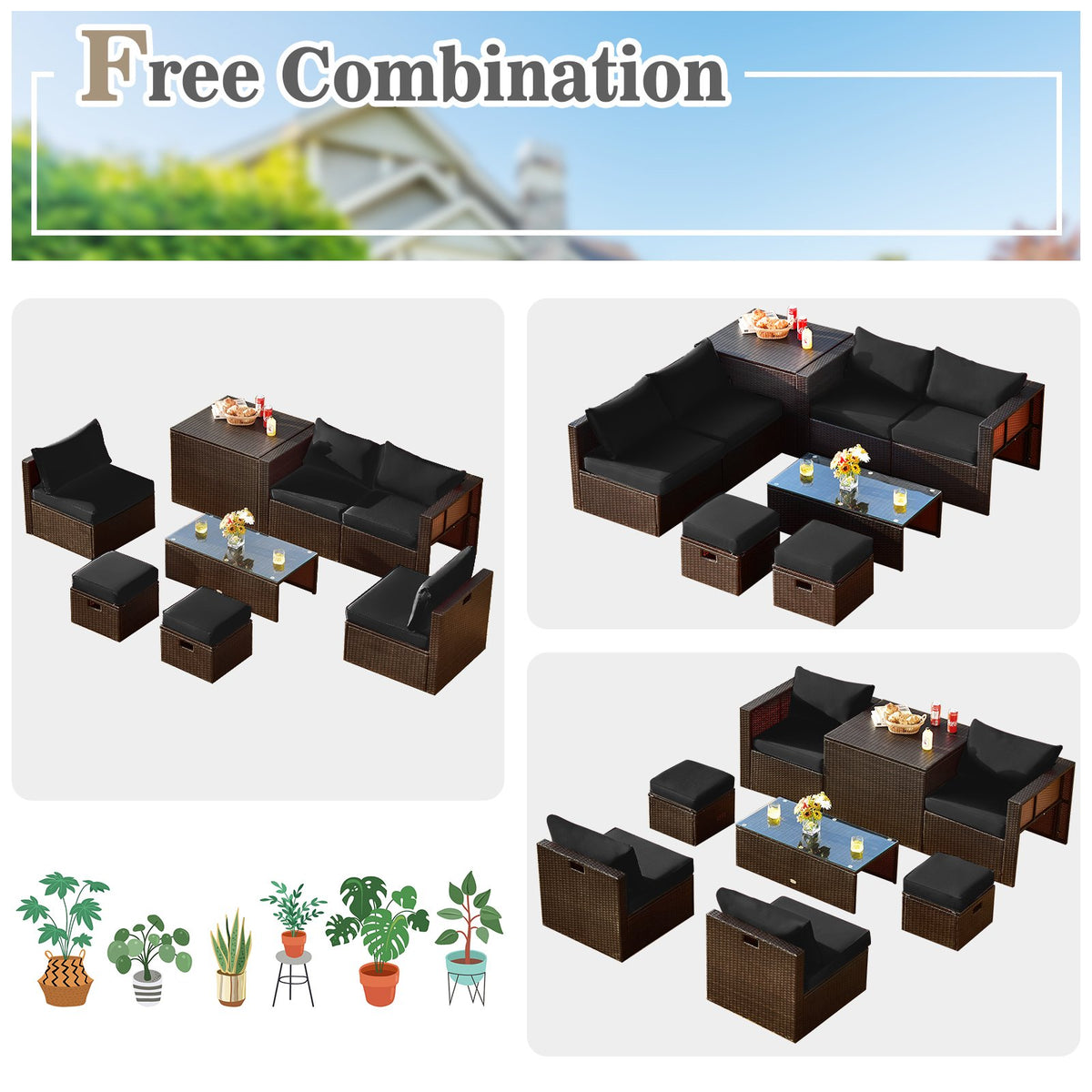 8 Pieces Patio Space-Saving Rattan Furniture Set with Storage Box and Waterproof Cover-Black view 4