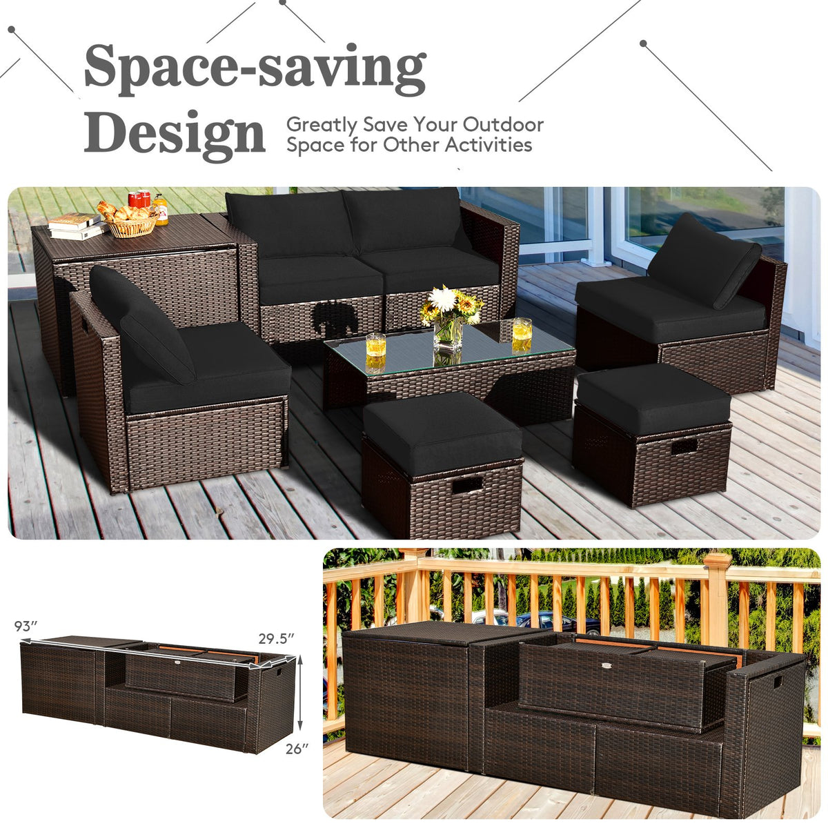 8 Pieces Patio Space-Saving Rattan Furniture Set with Storage Box and Waterproof Cover-Black view 8
