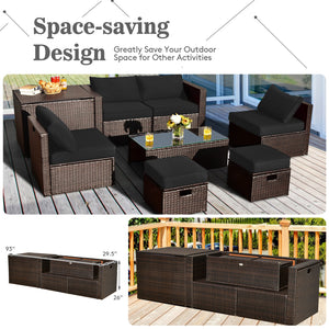 8 Pieces Patio Space-Saving Rattan Furniture Set with Storage Box and Waterproof Cover-Black view 8